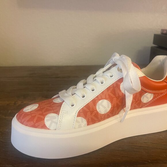 Michael Kors*Michael Kors Romey Polka Dot Orange & White Platform Sneakers Sz.7 - Picture 5 of 12